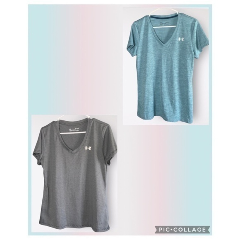 2- Under Armour V-Neck Short Sleeve Pullover Athletic Tops; Gray & Aqua Blue Med